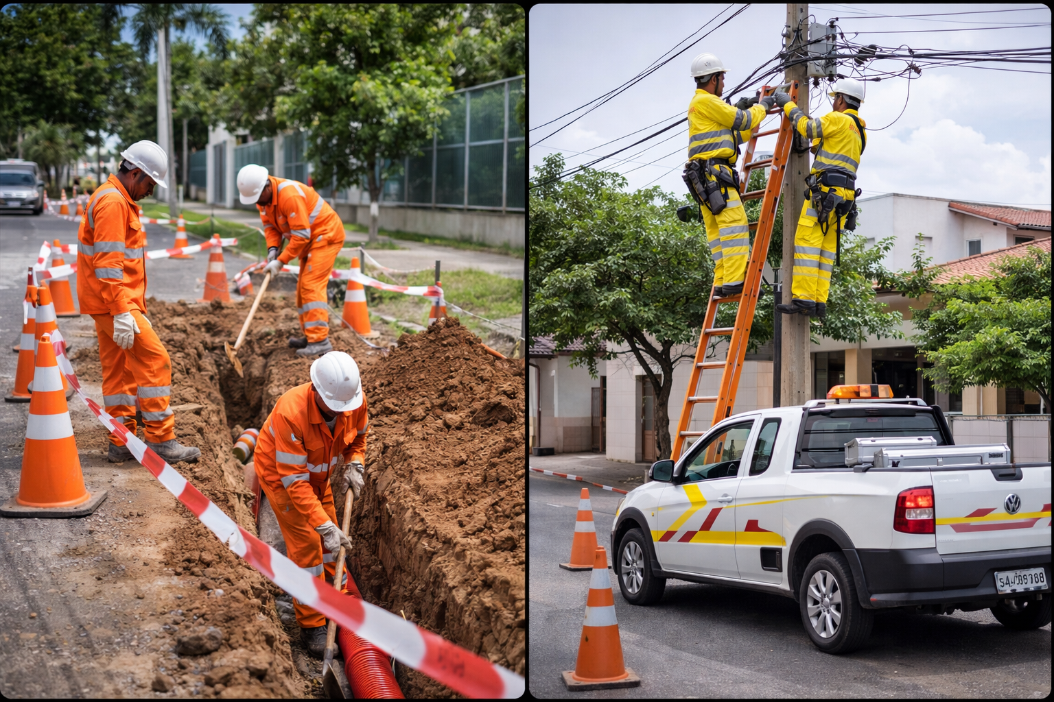 Equipe executando rede subterrânea e equipe atuando em rede aérea com veículo de apoio
