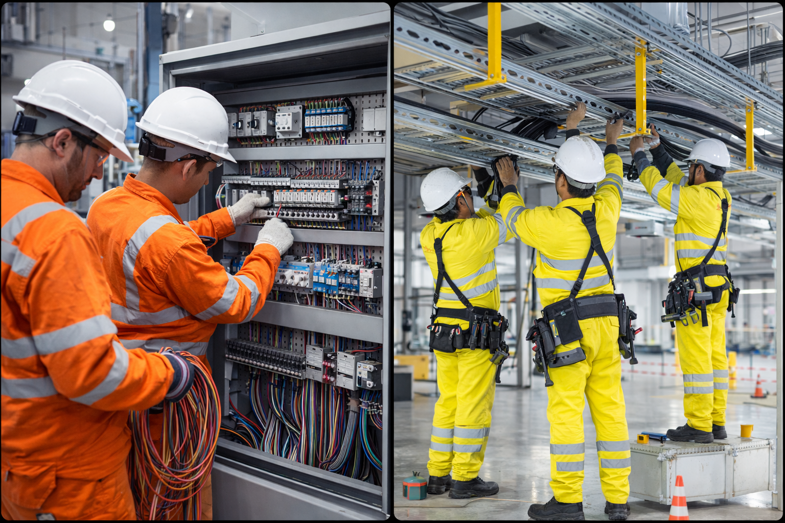 Equipe montando quadro de comando e instalação industrial em perfilados