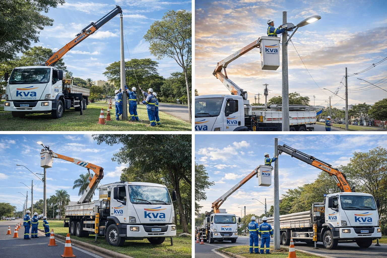 Equipe KVA em campo realizando implantação de poste e troca de iluminação pública com caminhão cesto aéreo e Munck