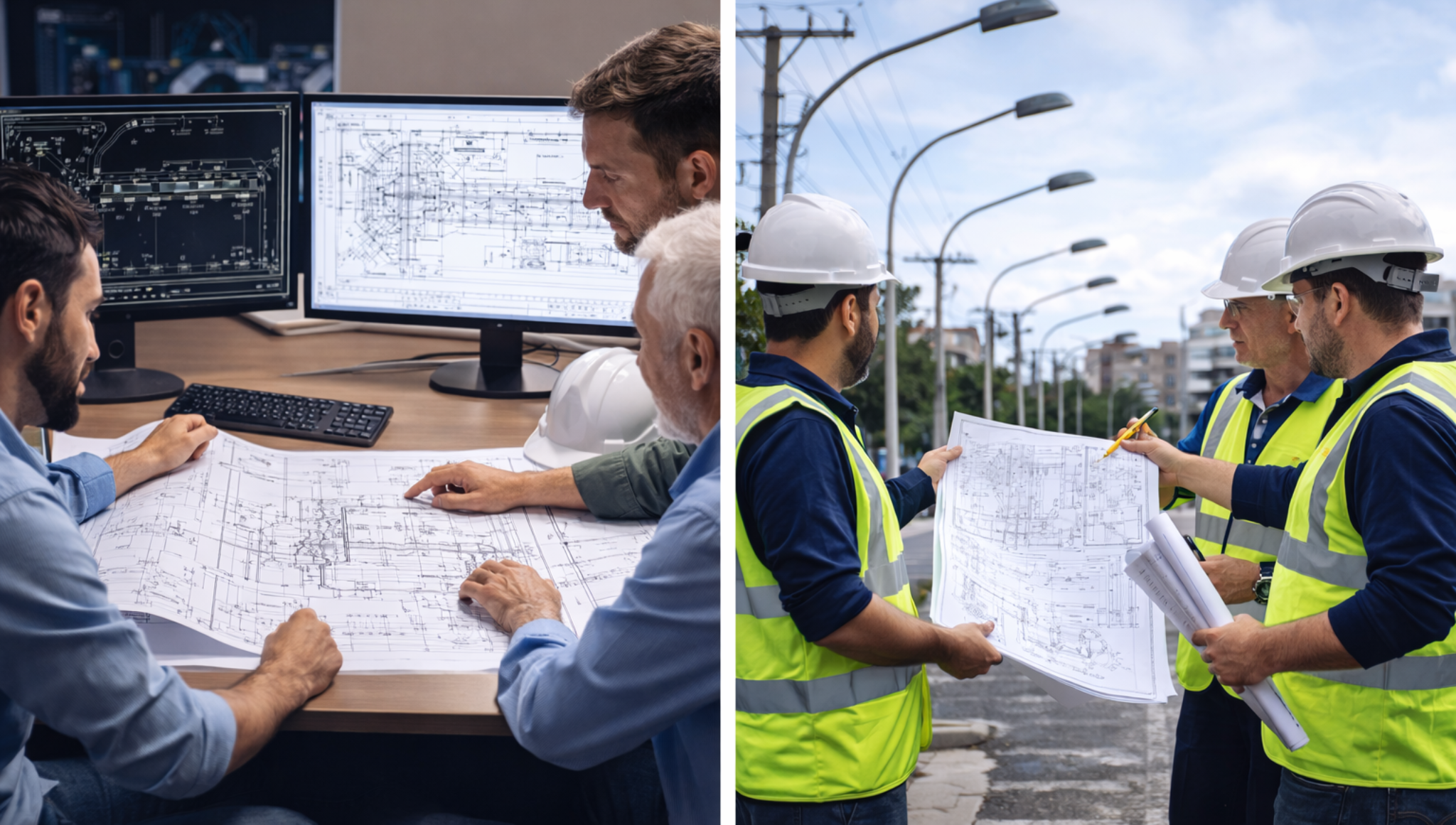 Equipe de engenharia analisando projetos e validando projeto elétrico com projeto de iluminação pública