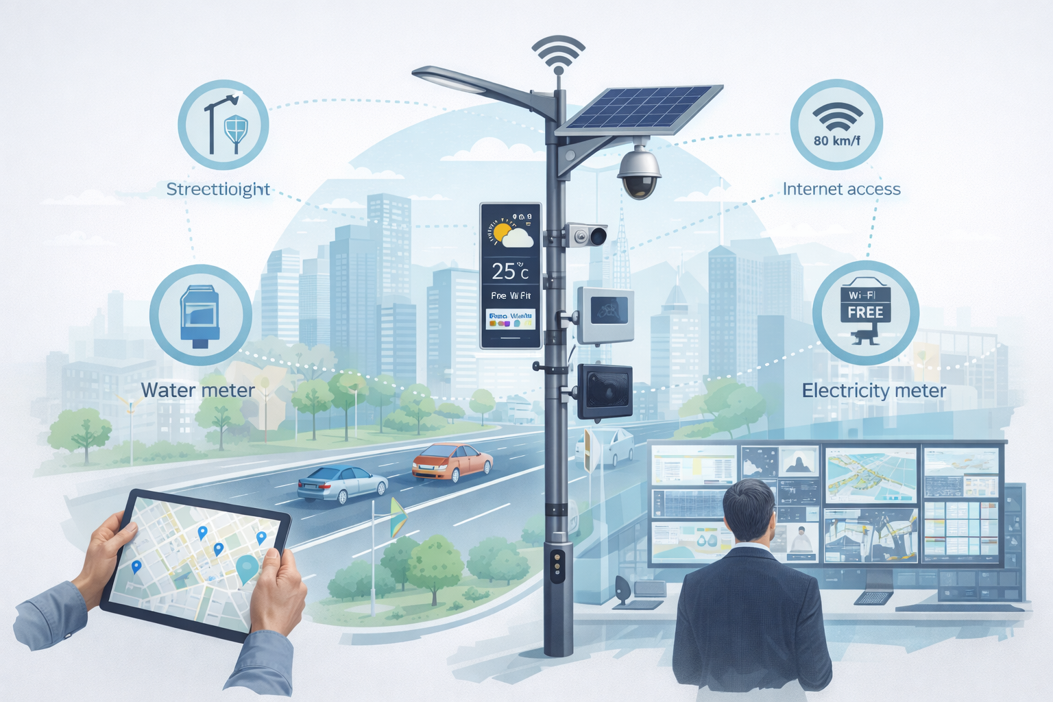 Equipe instalando relé de telegestão em luminária LED com caminhão cesto aéreo